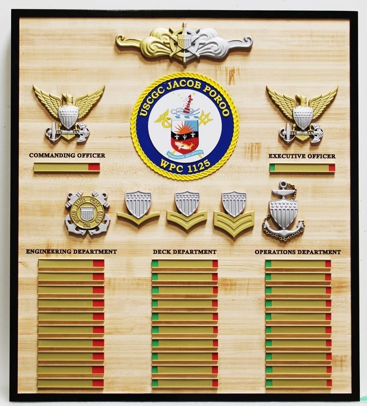 NP-2481- Carved Maple Ship's Chain-of-Command  and On-Duty Status Board for Coast Guard Cutter Jacob Paroo,, 3-D Insignia with Nameplate