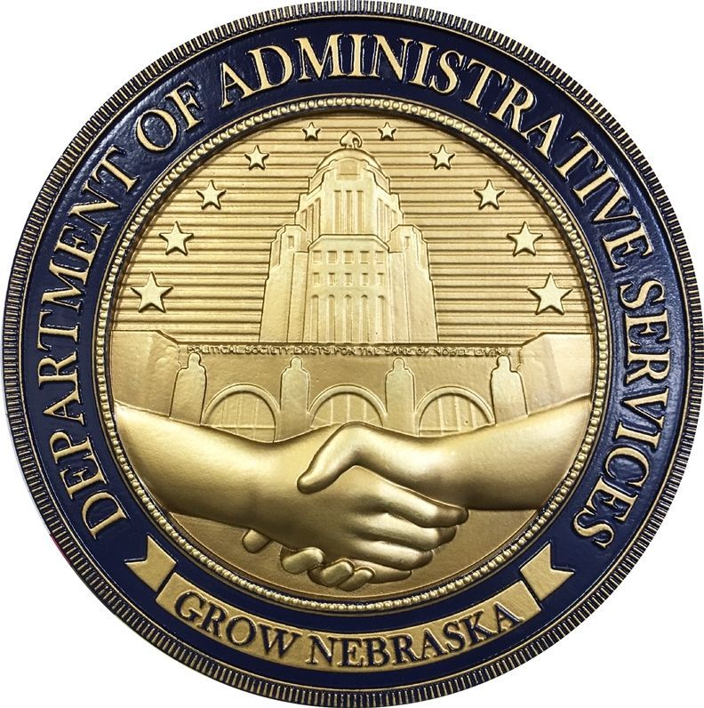 BP-1312 - Carved 3-D Bas-Relief Metallic Gold Painted HDU Plaque of the Seal for the Department of Administrative Services,  State of Nebraska