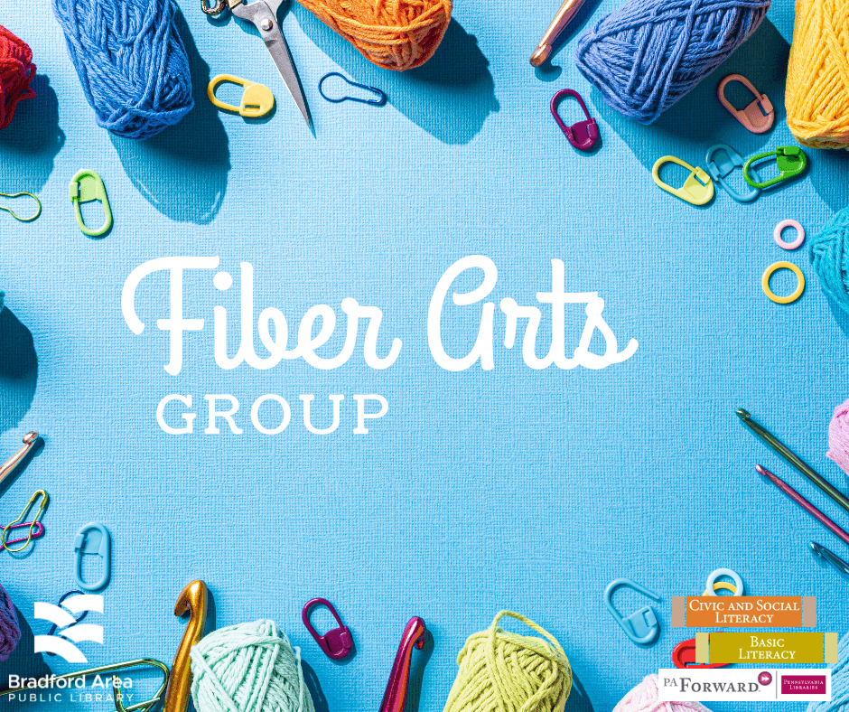 Skeins of yarn and crochet hooks encircling the words, "Fiber Arts Group."