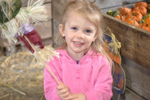 A young girl in a very bright pink sweatshirt waves a scarecrow puppet on a stick.