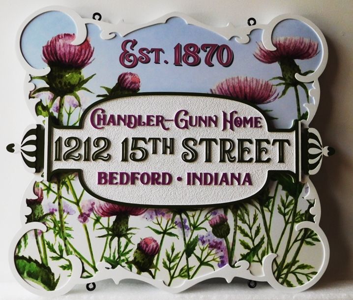 I18247 - Elegant Carved High-Density-Urethane (HDU)  Address and Property Name Sign for the Chandler-Gunn Home, with Thistle Artwork as a Giclee Vinyl Print.