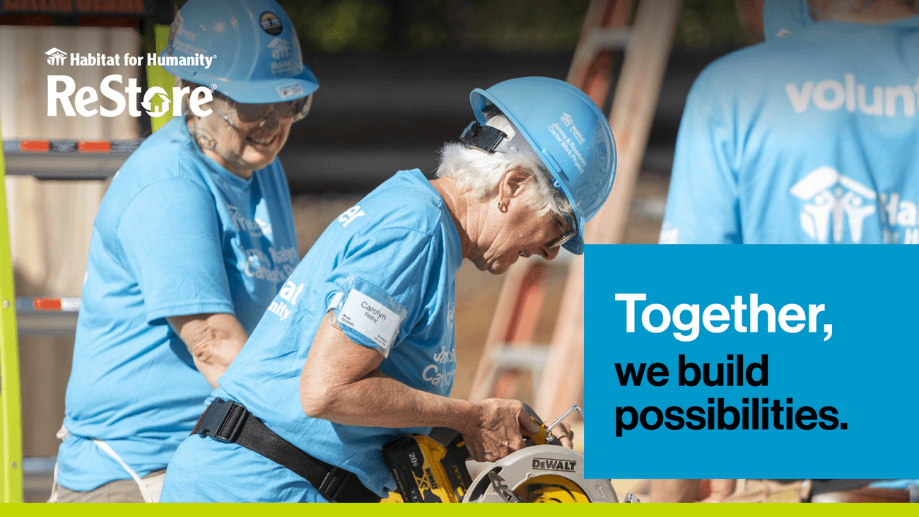 Habitat for Humanity families, volunteers, and completed homes showing how ReStore shopping helps build safe, affordable housing in the community.