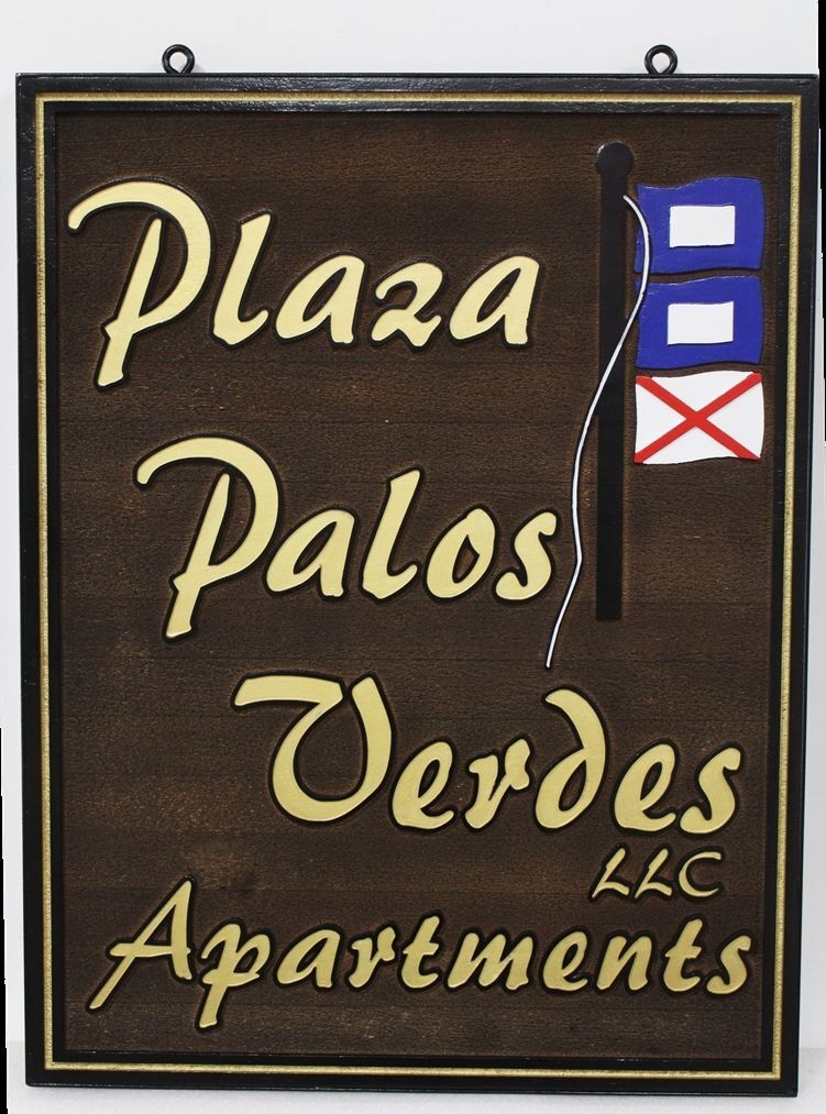 K20237 - Engraved Wood Entrance Sign for the "Plaza Palos Verdes Apartments", with Three Signal Flags as Artwork