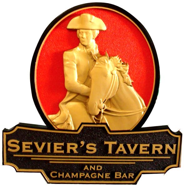 RB27551 -  Carved  HDU  “Sevier’s Tavern”  Entrance Sign, with Elegant 3D Carving of Sevier Mounted on his Horse