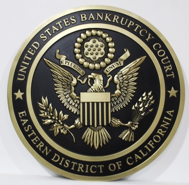 FP-1443. Carved 3-D Bas-Relief Brass-Plated Plaque of the Seal of the United States Bankruptcy Court, Eastern  District of California 