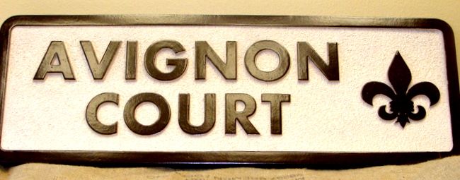 K20120 - "Avignon Court"  Carved and Sandblasted HDU Apartment Identification Sign