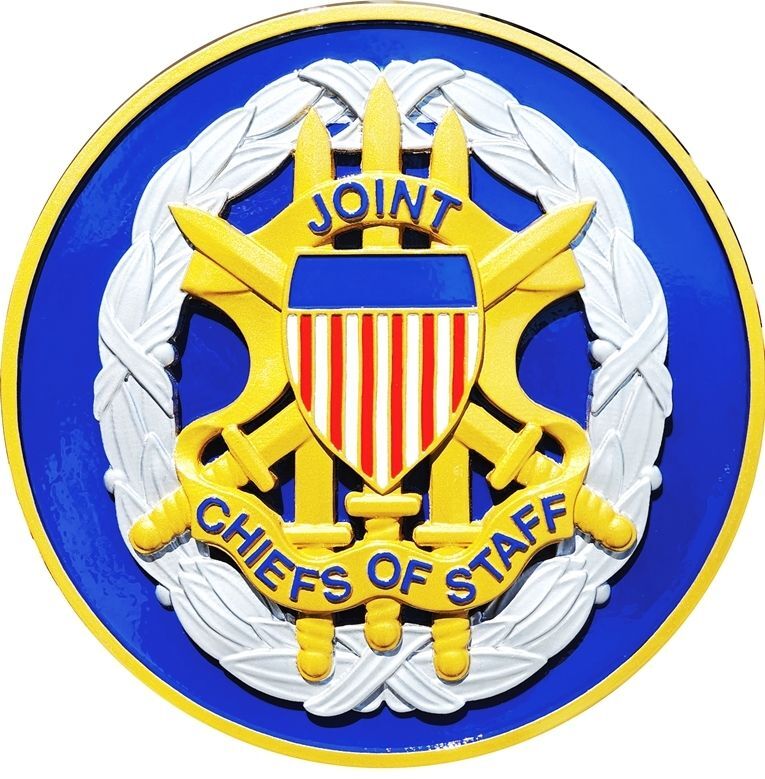 IP-1090 - Carved Plaque of the Seal/Crest of the Joint Chiefs of Staff (JCOS), US DoD,  Artist Painted with Metallic Silver & Brass