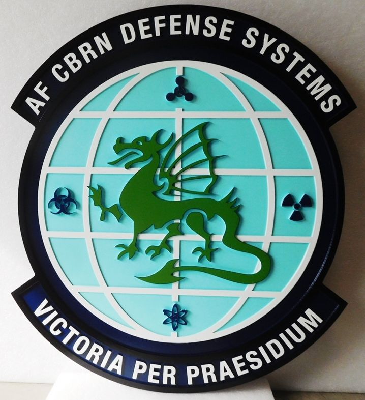 IP-1718 Carved Plaque of the Crest of the Air Force CBRN Defense Systems Group with Motto "Victoria Per Praesidium", 2.5-D Artist-Painted with Globe and Dragon