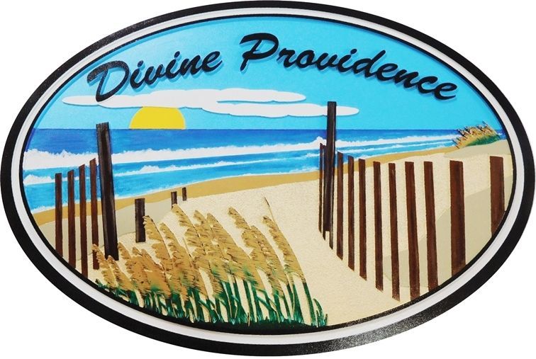 L21044A - Carved2,5-D Raised Relief "Divine Providence"  Beach-House Sign, with Artwork of a  Scenic View of Plants, Sand, Sea and Sunset
