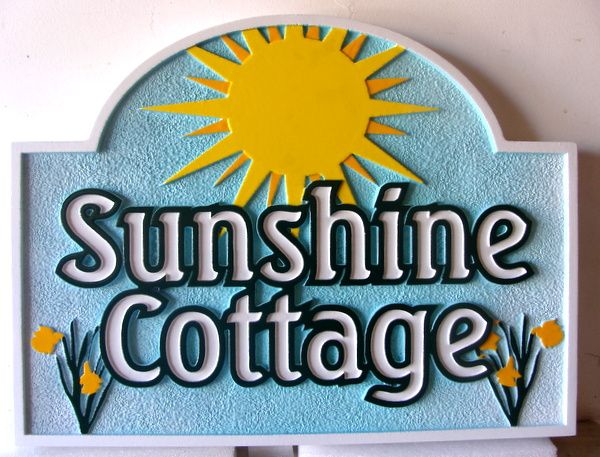 M22425- Carved and Sandblasted HDU Sign, "Sunshine Cottage", with Sun and Flowers