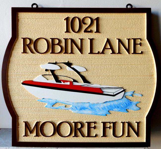 M22506 - Waterfront Address Sign "Moore Fun" with Speedboat