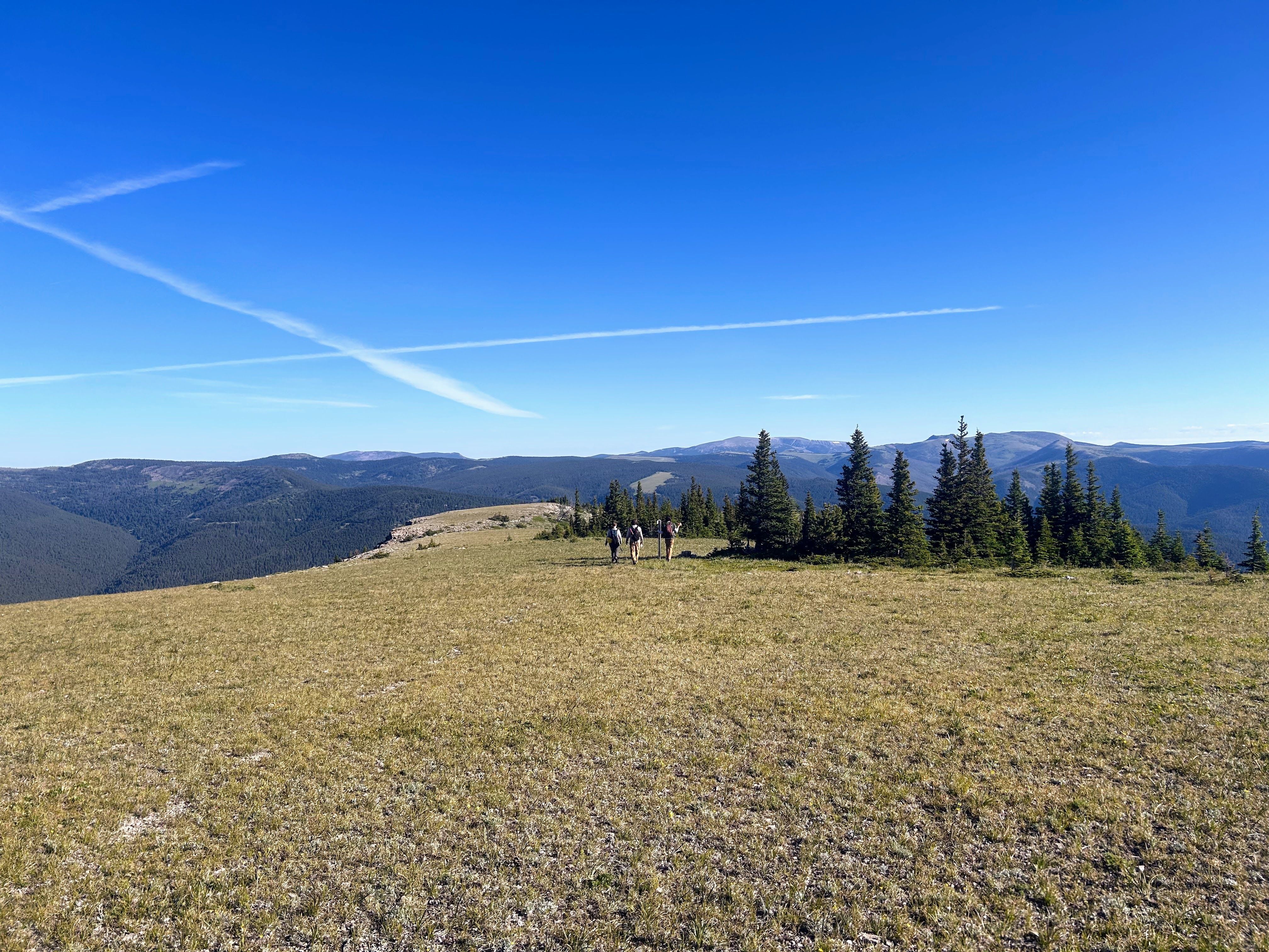 A crew walks away, along a meadowed ridgeline.