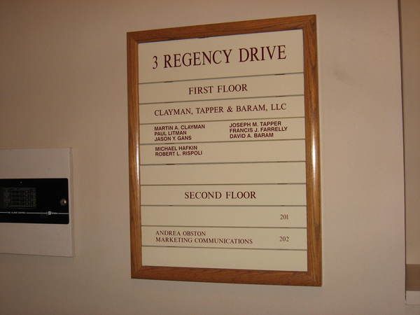 Interior Wall Mounted Lobby Directory, Inter-Changeable, Colored Panels with Oak Wood Frameing