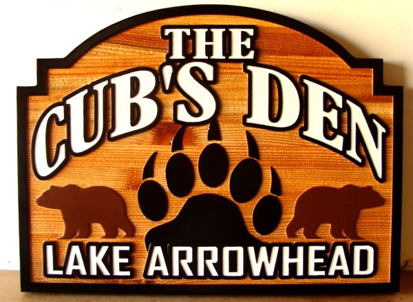 M22878 - Carved and Sandblasted Cedar Wood  House Sign, "The Cubs Den",  with Bears and Pawprint