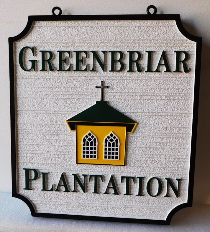 Q24810 -  Carved Entrance Sign for "Greenbriar Plantation"  with a Small  Church as Artwork
