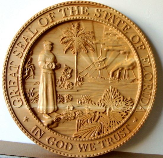 BP-1145- Carved Plaque of the  Great Seal of the State of Florida, Maple Wood