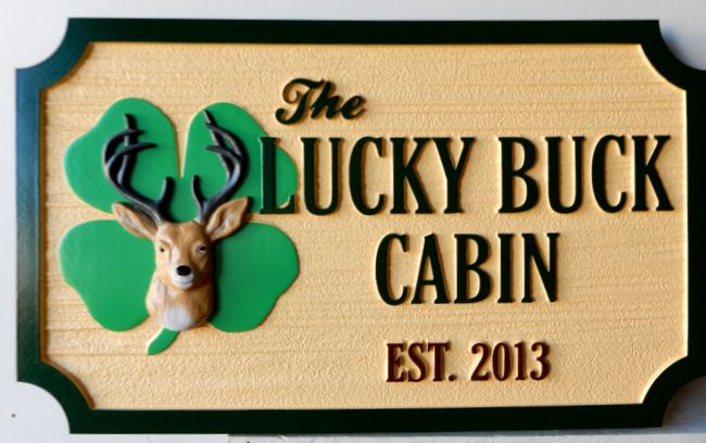 M22624 - Sandblasted, Carved  HDU Sign for Lucky Buck Cabin with Shamrock and 3-D Carved Buck Deer