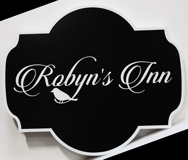 T29162 -   Carved  "Robyn's Inn " Entrance Sign, with Robin as Artwork