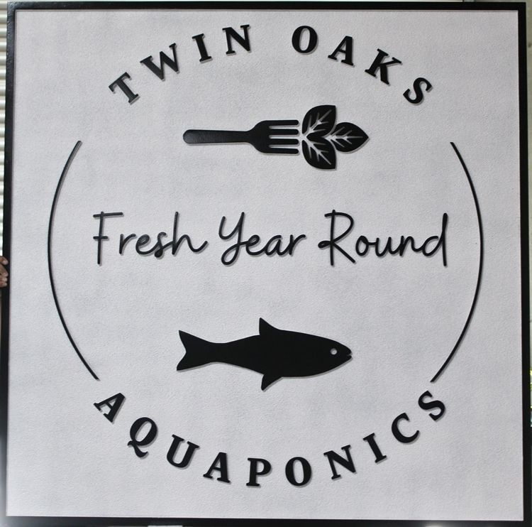L22305 - Carved HDU  Sign, "Twin Oaks Aquaponics” , has a Fish and Fork as Artwork