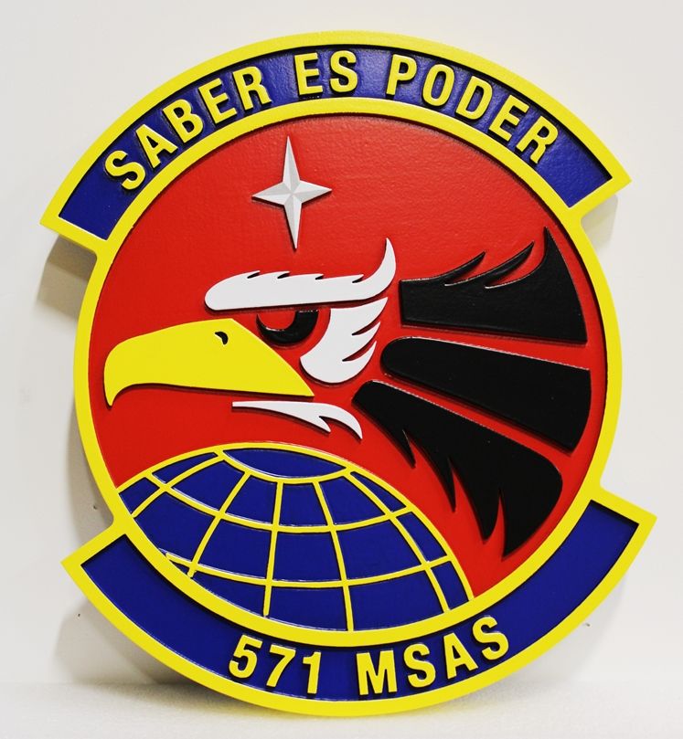 LP-4015 - Carved Wall Plaque of the Crest of the Air Force's 571 MSAS, with Motto  "Saber Es Podre"