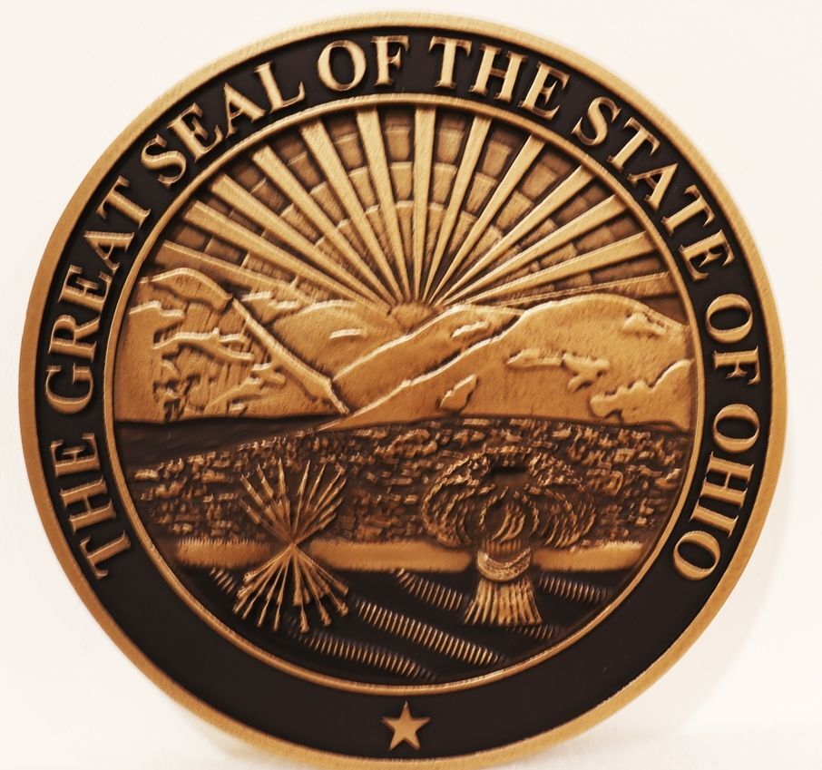 BP-1428 - Carved Plaque of the Seal of the State of Ohio,  3-D Relief, Bronze Metal Plated