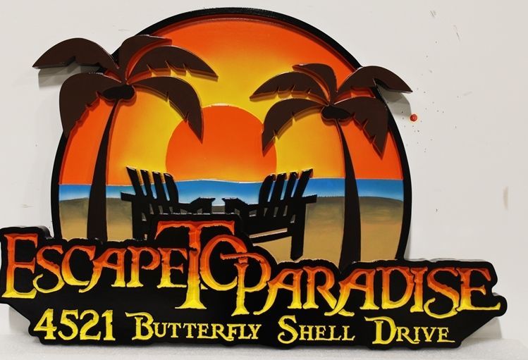 L21207 - Carved  2.5-D Multi-level Relief  HDU Beach House Name and Address Sign "Escape to Paradise", with Sunset, Chairs and Palm Trees as Artwork