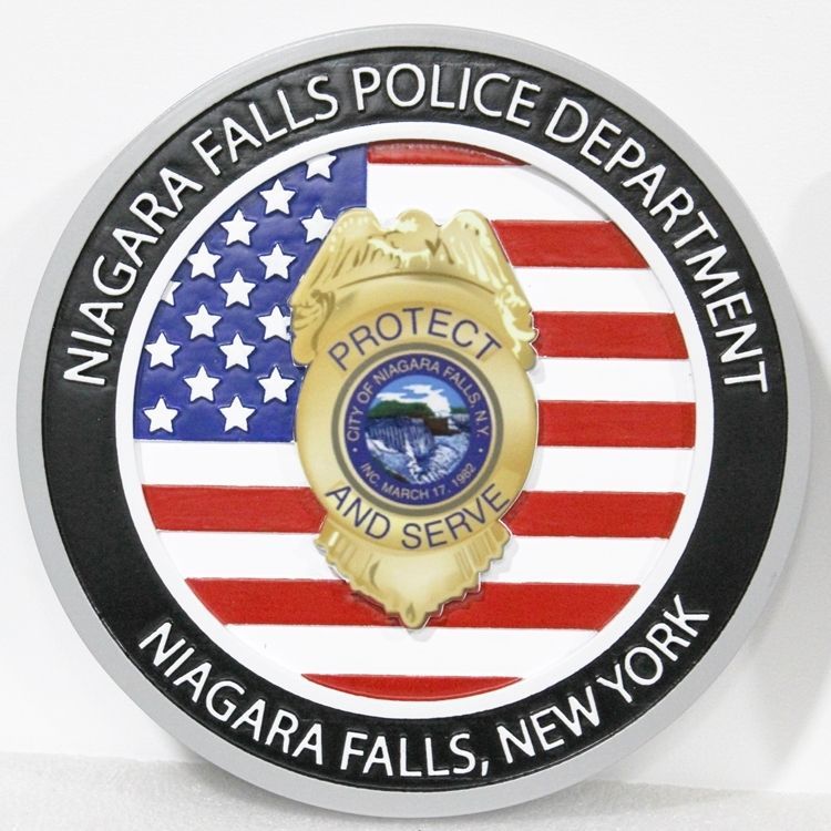 PP-1009 - Carved 2.5-D Multi-Level Carved Plaque Featuring the Badge of the Niagara Falls, NY Police Department, with US Flag as Background
