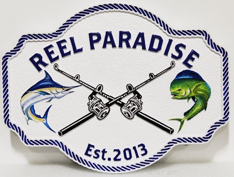 L21376 - Carved and Sandblasted 2.5-D Multi-level Relief HDU Coastal Residence Name  Sign "Reel Paradise", with Two Rods-and-Reels and Two Fish as Artwork