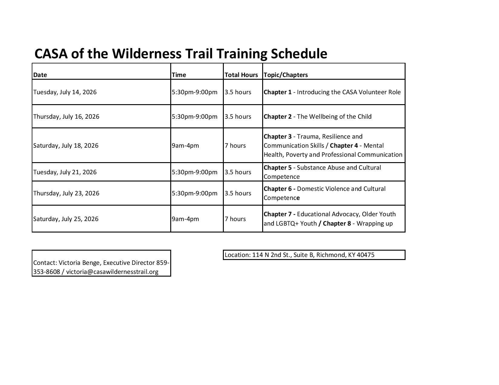 July 2026 Training Schedule
