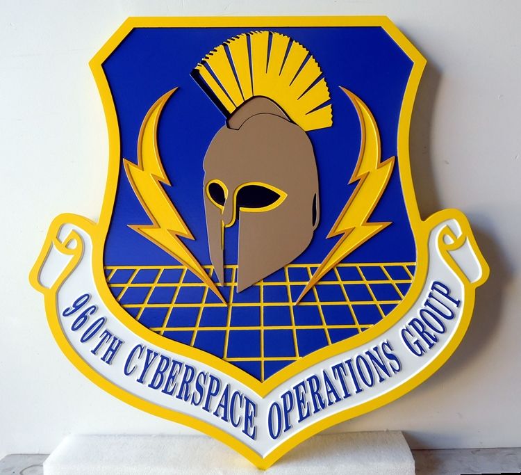 LP-4260 - Carved Shield Plaque of the Crest of the 960th Cyberspace Operations Group,  Artist Painted