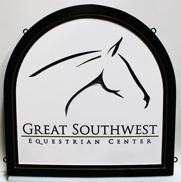 P25064 - Engraved  High Density Urethane (HDU) Sign for the Great Southwest Equestrian Facility, with Stylized Horse Head as Artwork.