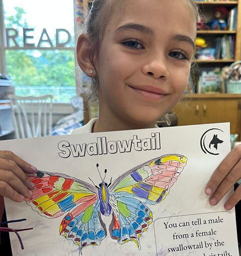 Student displays their Swallowtail Butterfly drawing