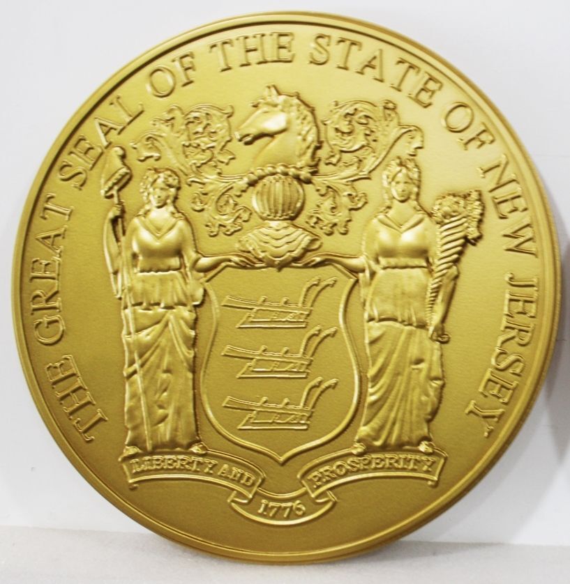 BP-1355 - Carved Plaque of the Seal of the State of New Jersey, Metallic Gold Painted