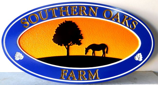 O24225 - Elliptical  Carved Southern Oaks Farm Sign with Silhouette of Tree and Horse, at Sunset