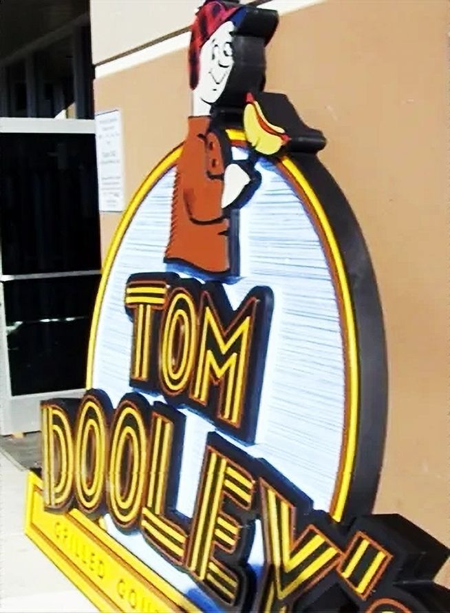 MA3018 - "Tom Dooley's Restaurant"   Sign with  Letters Carved in Flat Relief from High-Density-Urethane (HDU) and Mounted on a Sandblasted Signboard
