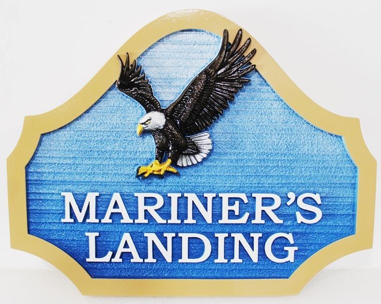 I18517A - Carved and Sandblasted Wood Grain HDU Property Name Sign for "Mariner's Landing", with a  Carved 3-D Bas-relief Bald Eagle as Artwork