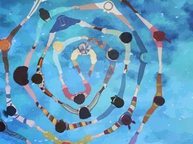 people holding hands in a spiral orientation