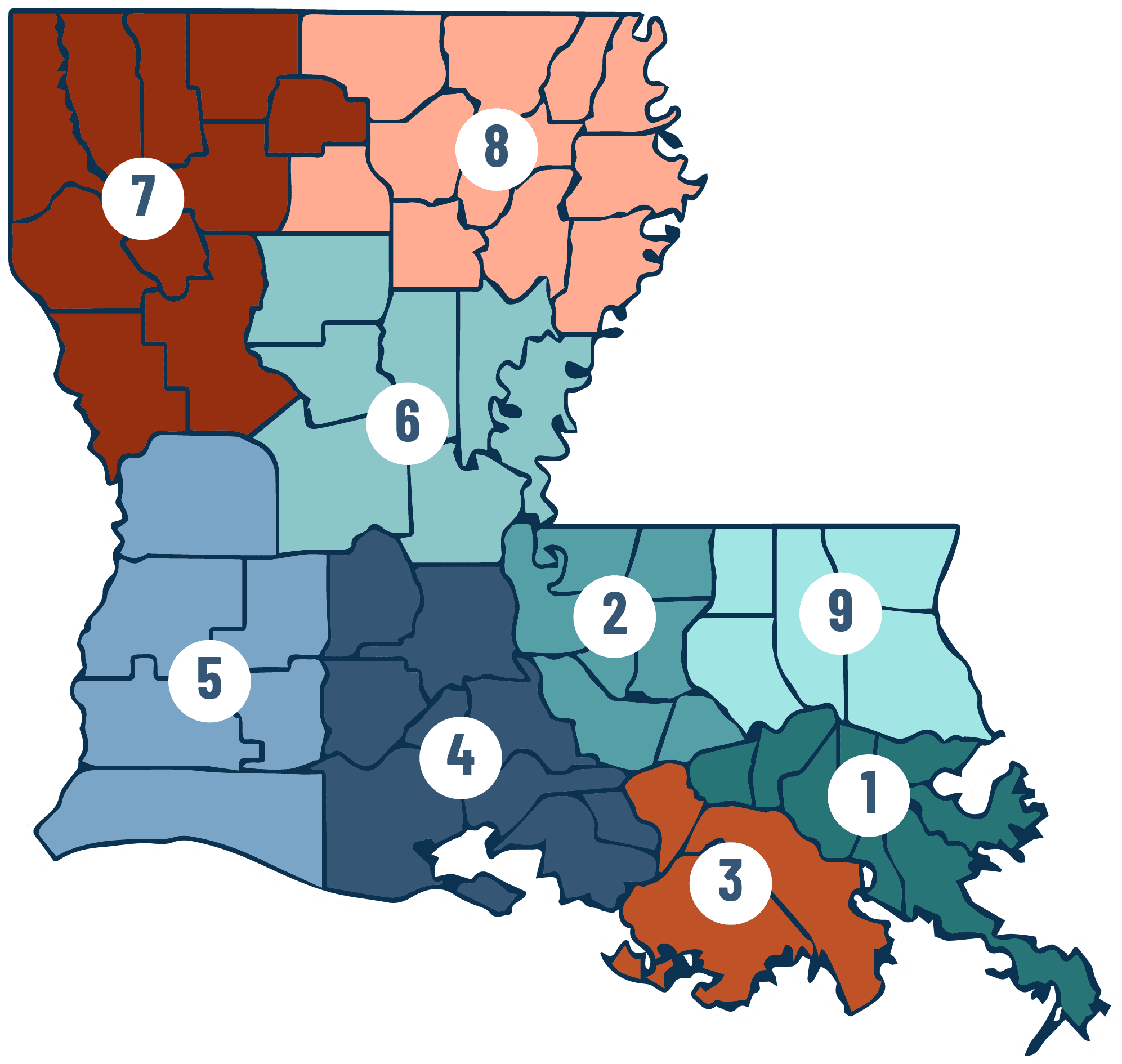 Map of Louisiana indicating 9 parish cluster regions of LaSTEM regions