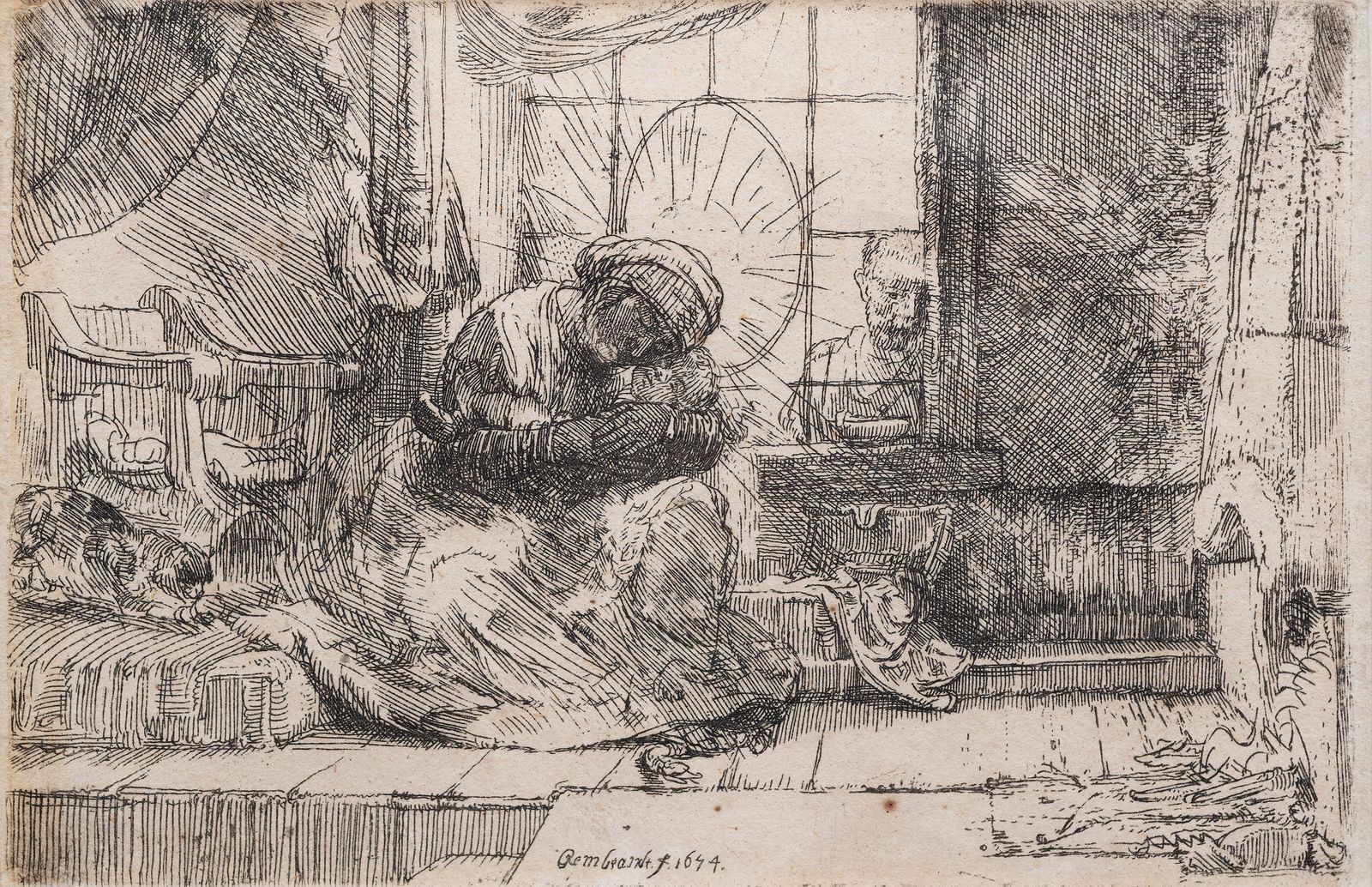 etching of a woman and a child