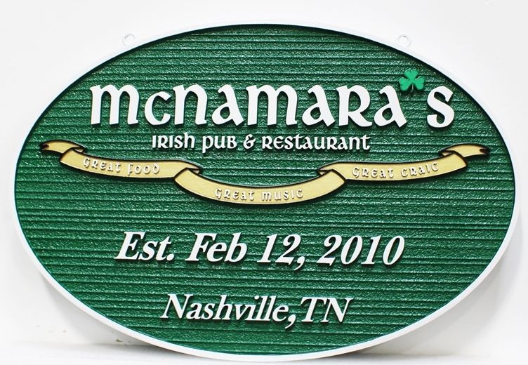 RB27643- Carved 2.5-D  Raised Relief  and Saqndblasted Wood Grain Sign  for  McNamara's Irish Pub & Restaurant