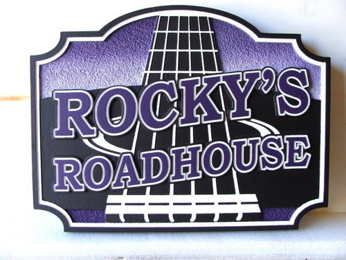 RB27117 - Carved HDU Roadhouse Sign with Guitar, "Rocky's Roadhouse"
