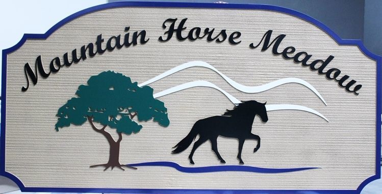 P25348 - Carved 2.5-D Raised Relief and Sandblasted Wood Grain HDU Entrance Sign for "Mountain Horse Meadows", with a Horse, tree and Stylized Mountains as Artwork. 