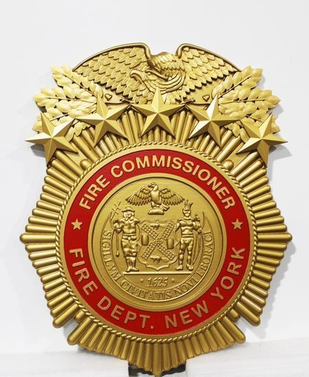 QP-1052- Carved Plaque of a Badge of the Fire Commissioner of the New York City Fire Department, 3-D Artist-Painted