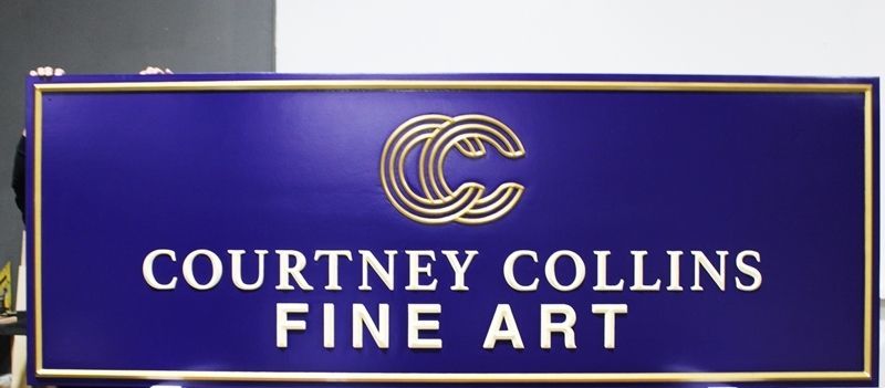 S28015 - Carved 2.5-D Raised Relief Sign for the  Courtney Collins Fine Art Gallery, with Text and Logo Gilded with 24K Gold Leaf