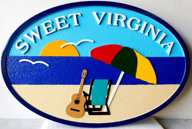 L21001 - Beach House Name Sign "Sweet Virginia" with Two Chairs, Umbrella, and Guitar 