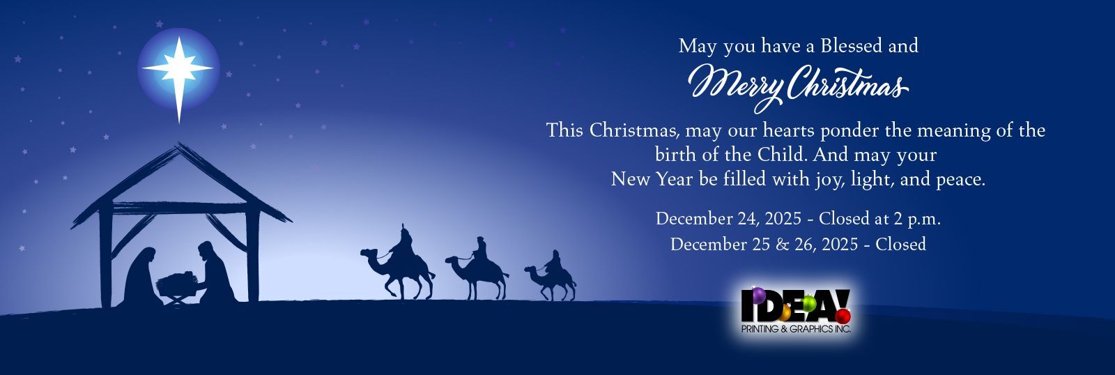Nativity Scene with Three Wise Men and Holiday Hours: 12/24/25 Closed at 2 p.m.; 12/25/25 Closed; 12/26/25 Closed; 1/1/26 Closed; 1/2/26 Closed