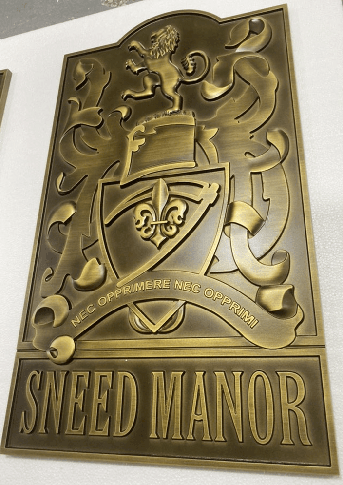 XP-1186 - 3-D Solid Cast Bronze Metal Plaque of the Coat-of-Arms for Sneed Manor with  a Shield, a Fleur-de-Lis and Rampant Lion   