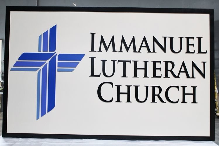 D13145 - Carved  2.5-D Raised Relief HDU Sign for the Immanuel Lutheran Church, with a Cross as Artwork