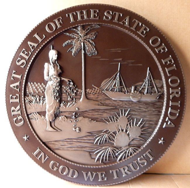 W32116- Large Round Wall Plaque, 3D Bas-Relief, of the Seal of the State of Florida (old version),Bronze coated with dark patina.
