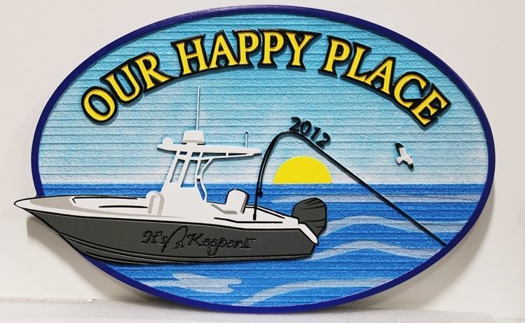 L21465 - Carved and Sandblasted Wood Grain Sign HDU Sign, "Our Happy Place” ,with a Sports Fishing Boat as Artwork